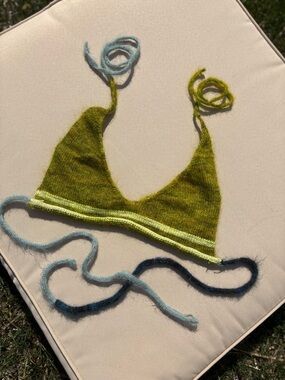 Handknit Triangle Bralette in Sap Green & Lime with Blue Ties